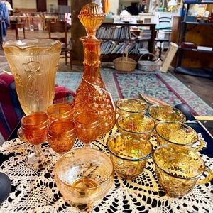 13 Piece Vintage Amber And Marigold Iridescent Carnival Glass Glassware Set